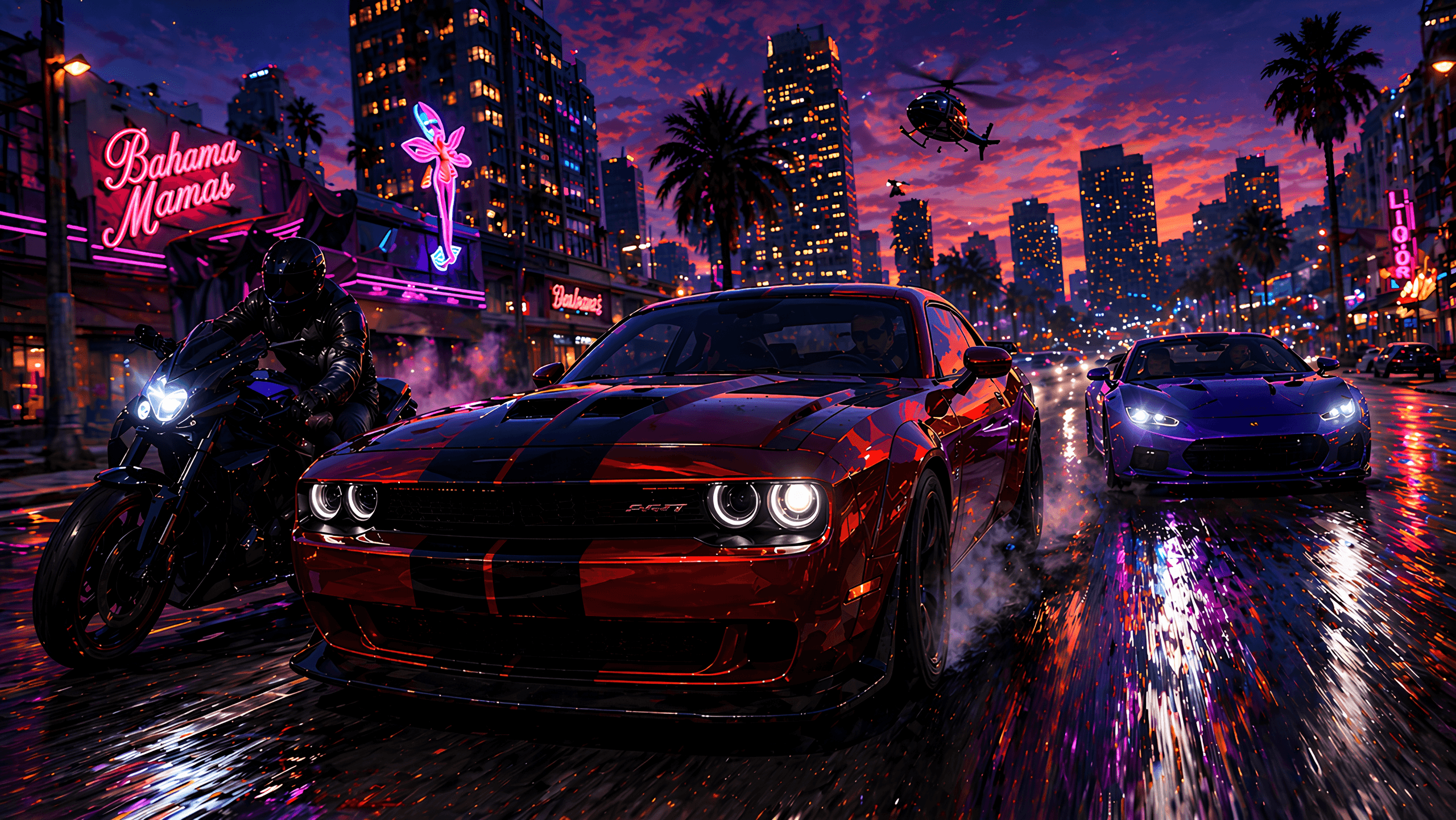 Atardecer sobre Vinewood Blvd. con luces de neón reflejándose en el asfalto mojado.