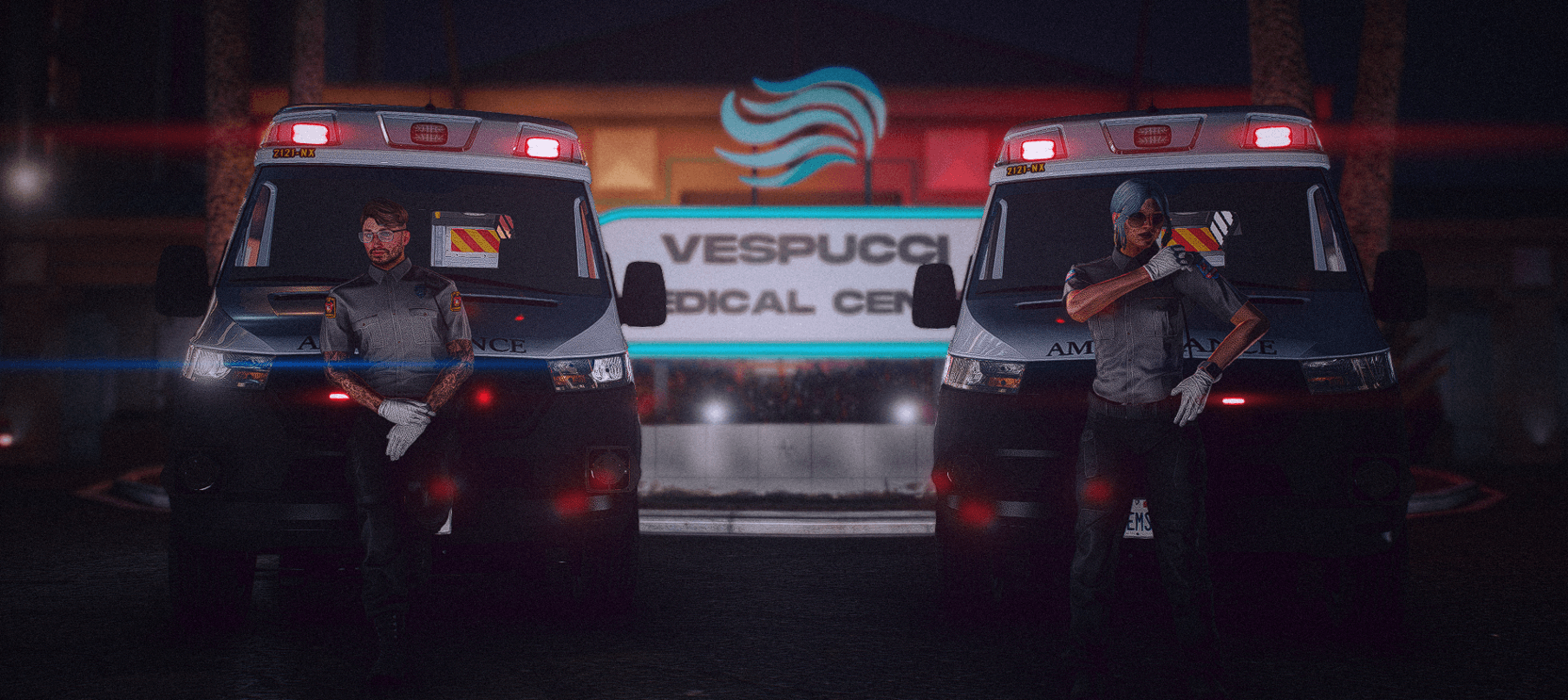 Dos paramédicos junto a sus ambulancias frente al Centro Médico Vespucci durante la noche.